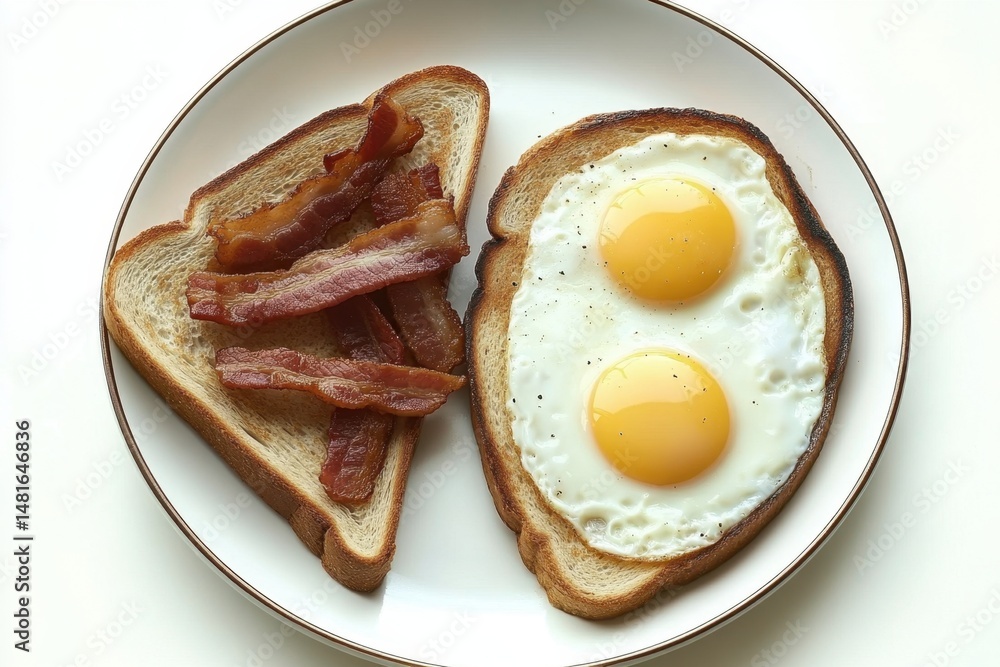 Poster overhead view of breakfast with fried eggs on toast and bacon strips on toast on a white plate