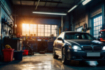 Blurry car repair shop, the car is being serviced in a garage with a dark theme, featuring a blurry repair shop background.