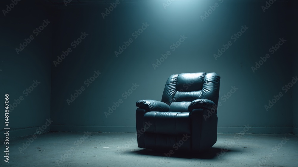 Poster a modern black vinyl recliner sits prominently in a minimalist studio, softly illuminated by ambient