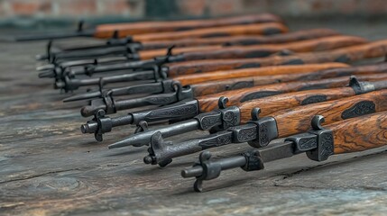 Wooden-handled firearm components on rustic workbench