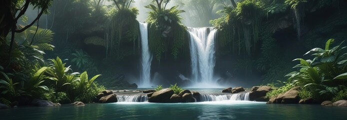 Remote waterfall in the heart of the lush jungle, remote, serene , untouched, jungle trekking, exploration