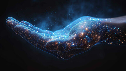 A glowing hand, filled with digital light particles, reaching out.