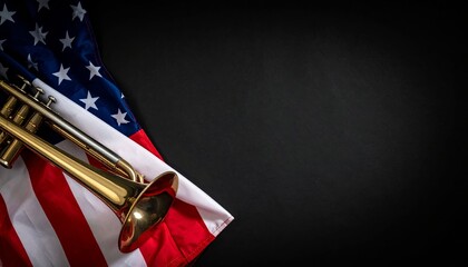 A trumpet rests on a folded American flag