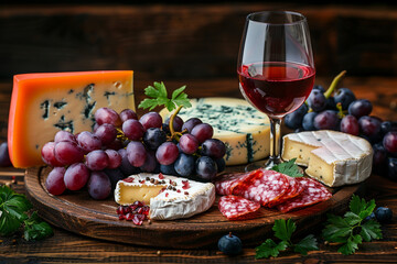 Assorted Cheeses Elegantly Arranged with Fresh Grapes and Wine Glass on a Rustic Table

