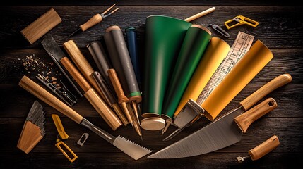Woodworking tools and materials arranged on a dark wooden surface