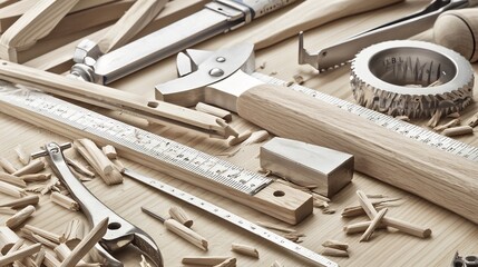 Woodworking tools and wood shavings scattered on a light-colored surface.  Detailed image of various tools and wood pieces