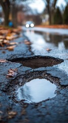 Fototapeta premium Pothole filled with water reflecting the sky on a rainy day on a street in autumn with leaves and a car