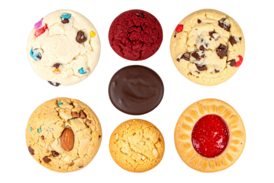  8 different cookies isolated on a transparent background
