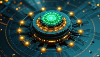 Naklejka premium Futuristic tech core: glowing circuits and data transfer