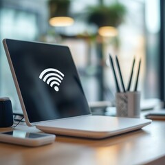 Modern Workspace with Laptop Displaying Wi-Fi Signal Icon