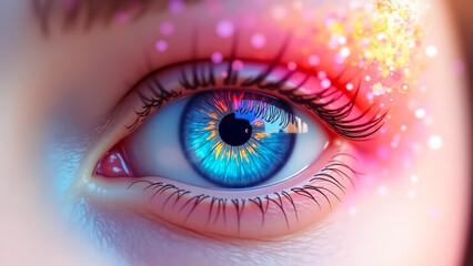 Fototapeta premium A glowing blue eye with intricate golden and pink highlights, creating a mesmerizing look