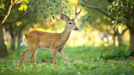 Fototapeta premium Deer in Orchard, Sunlight Filtering Through Trees