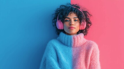 A woman wearing pink and blue headphones is standing in front of a blue and pink wall. She is wearing a fuzzy sweater and has a pink lip gloss on