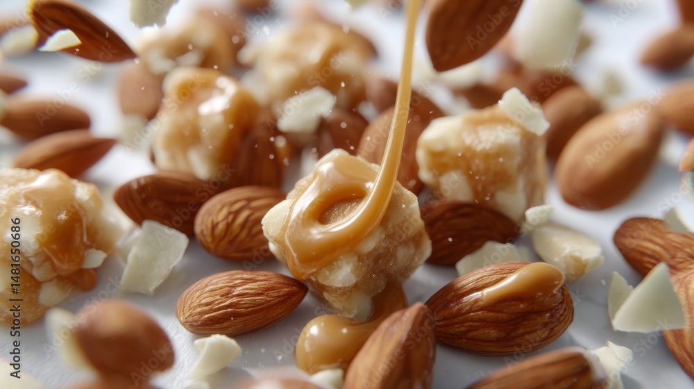 Poster caramel and toffee drips cascade over a white surface, enveloping almond flakes in a rich and indulg