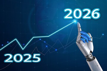 Robotic arm indicates ascending financial growth from year 2025 towards the expected mark 2026