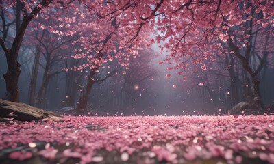Mesmerizing pink sakura petal fall, ethereal backdrop,  whimsical,  dreamy