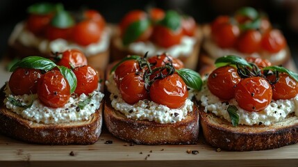 Toasted bread topped with roasted cherry tomatoes, ricotta, and fresh basil