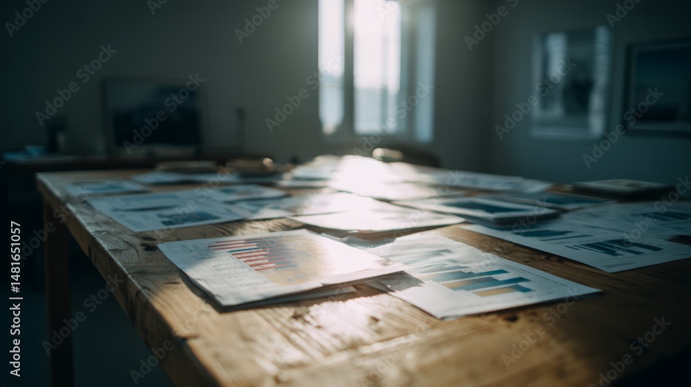 Poster A desk cluttered with various spreadsheets and data visualizations is illuminated by soft sunlight, reflecting a focus on productivity and strategic planning activities