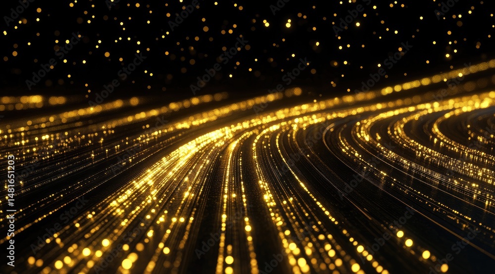 Poster golden streams of light flow across a dark background