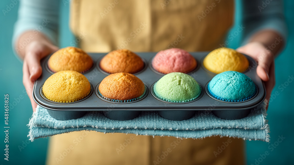 Poster a person is holding a tray of colorful cupcakes. the cupcakes are arranged in a row, with each one h