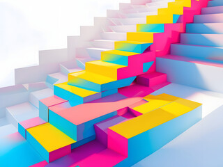 Abstract Stairway to Success: A vibrant, abstract stairway composed of bright pink, blue, and yellow blocks, leading upwards, represents the concept of progress, growth, and the pursuit of ambition.