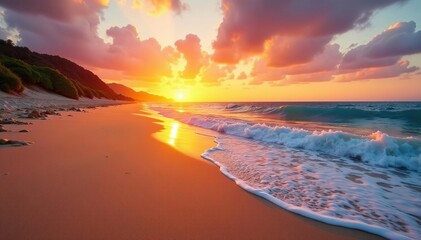 Golden sand beach at sunset, waves gently lapping the shore , sunlight, seaside, sea