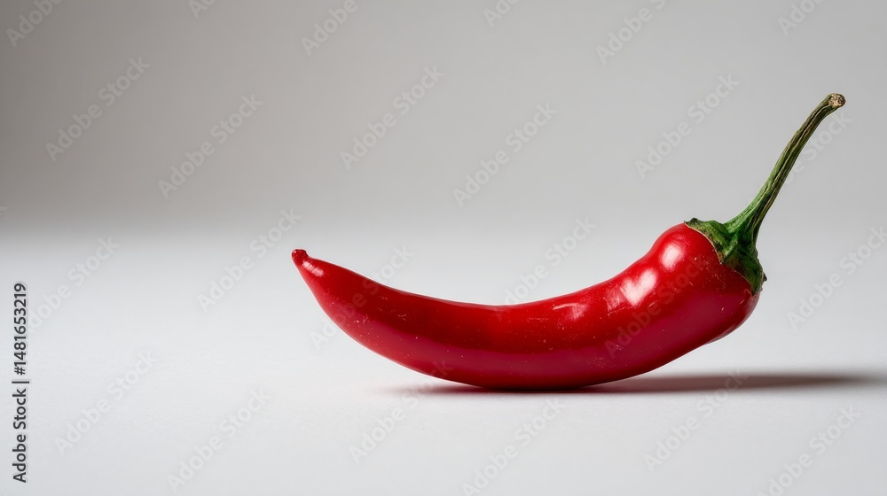 Poster Single red chili pepper showcases its vibrant color and distinct curve on a white surface, with soft shadows emphasizing its form and fresh appearance