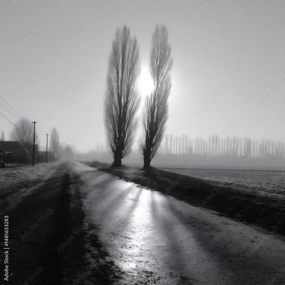 Poster mysterious black and white sunset over a field with silhouetted trees shrouded in fog, soft light cr
