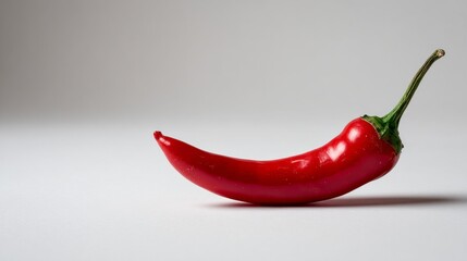 Single red chili pepper showcases its vibrant color and distinct curve on a white surface, with soft shadows emphasizing its form and fresh appearance