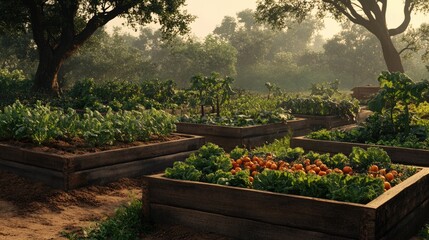 Wooden raised garden beds filled with diverse vegetables.