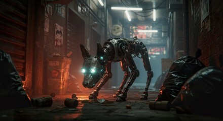 Cybernetic hound patrols gritty cityscape back alley under neon lighting
