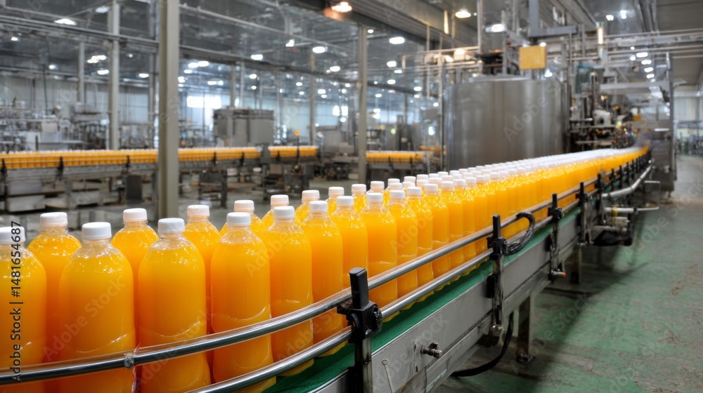 Leinwandbilder automated bottling line features orange juice bottles moving steadily along a conveyor in a well-lit