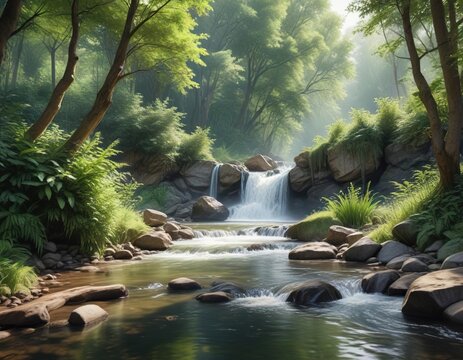 Scenic watercolor painting of a peaceful forest stream flowing into a charming waterfall, painting, stream