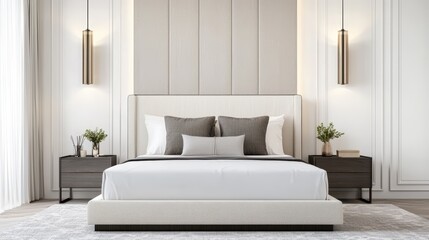 A modern bedroom with a sleep render on a platform bed, surrounded by geometric decor and soft lighting,