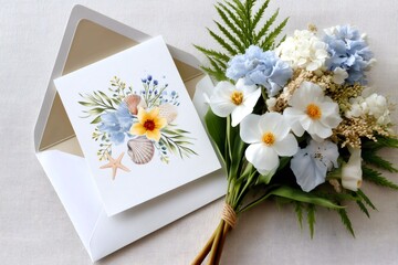 Wedding invitation card with seashells and flowers resting on an envelope next to a bouquet