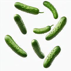 Six cucumbers floating against white background
