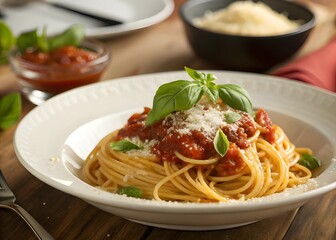 Classic Italian spaghetti pasta with tomato sauce, parmesan cheese, and fresh basil in white bowl