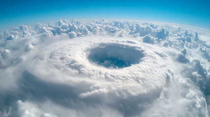 Obraz premium Close-up satellite image of the eye of a hurricane above clouds 