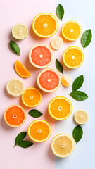 Minimalist flat-lay of sliced citrus fruits on a pastel background