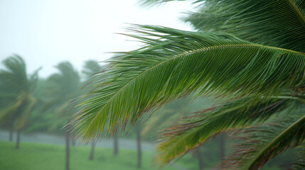 Obraz premium Close-up of palm trees bending under strong winds during a storm 