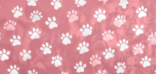 Seamless pattern of dog paw prints in white on a pink background, paws, footprints