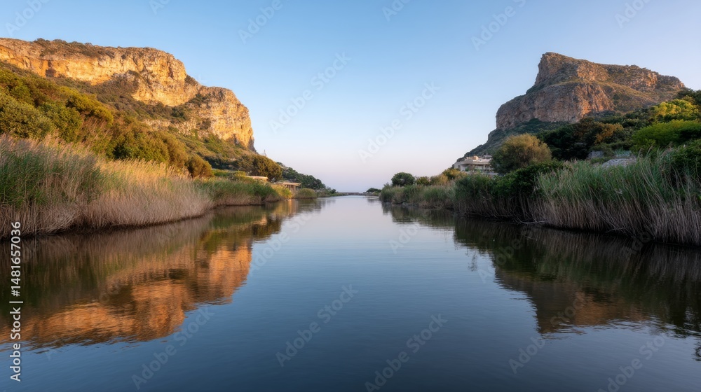 Aufkleber Captured at dusk, a tranquil lagoon reflects rugged cliffs and dense reeds, creating a serene atmosphere awash in warm golden hues