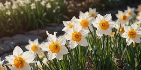 Obraz premium Selective focus on white and orange daffodil flowers in the sunlight, aesthetic, bloom