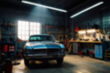 Fototapeta premium Blurry car repair shop, the car is being serviced in a garage with a dark theme, featuring a blurry repair shop background.