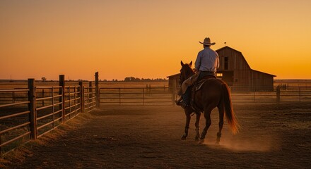 Cowboy Riding Horse at Sunset on a Ranch with Barn in the Background