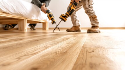 Workers installing new wood flooring.  Two people using power tools to install a new wooden floor in a room