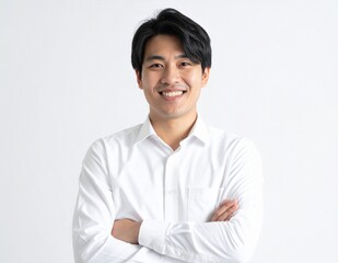 Confident Japanese businessman smiling in a suit