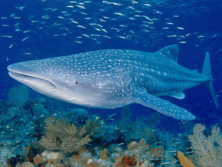 Naklejka premium wide shot photograph of a massive whale swimming peacefully in the ocean, with a school of tiny, shimmering fish swimming alongside it, vast blue water,