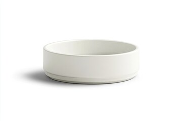 Simple, round, white ceramic bowl.  Features a shallow, smooth interior and exterior