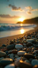 Obraz premium Sunrise over a serene pebble beach, Calm ocean waves and golden hour light, shallow depth of field